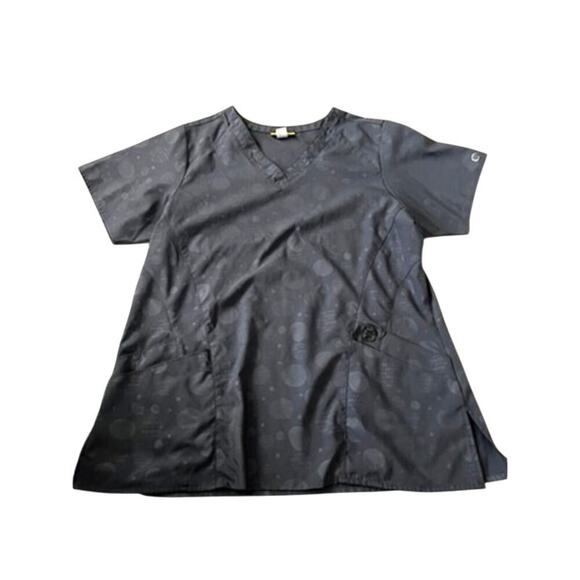 EUC Wonder Wink Gray scrub top w circular pattern imprinted sz large nursing - Picture 1 of 6